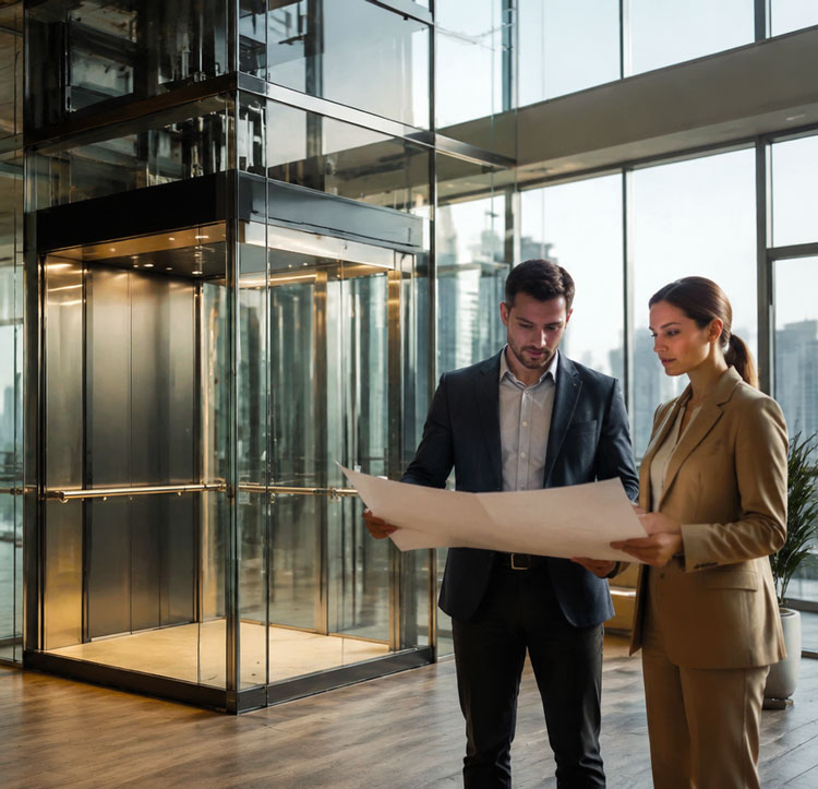 Equipo de ventas de Kelevator analizando un proyecto de ascensor
